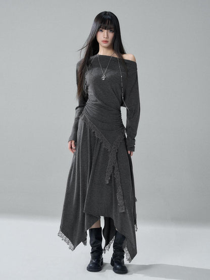 LADYGHOST Lace Trim Batwing Sleeve Color Block Women&