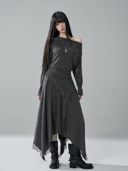 LADYGHOST Lace Trim Batwing Sleeve Color Block Women&