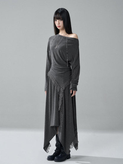 LADYGHOST Lace Trim Batwing Sleeve Color Block Women&