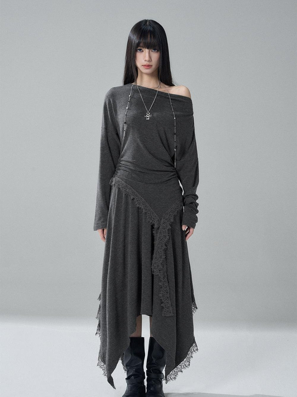 LADYGHOST Lace Trim Batwing Sleeve Color Block Women&