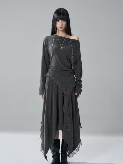 LADYGHOST Lace Trim Batwing Sleeve Color Block Women&