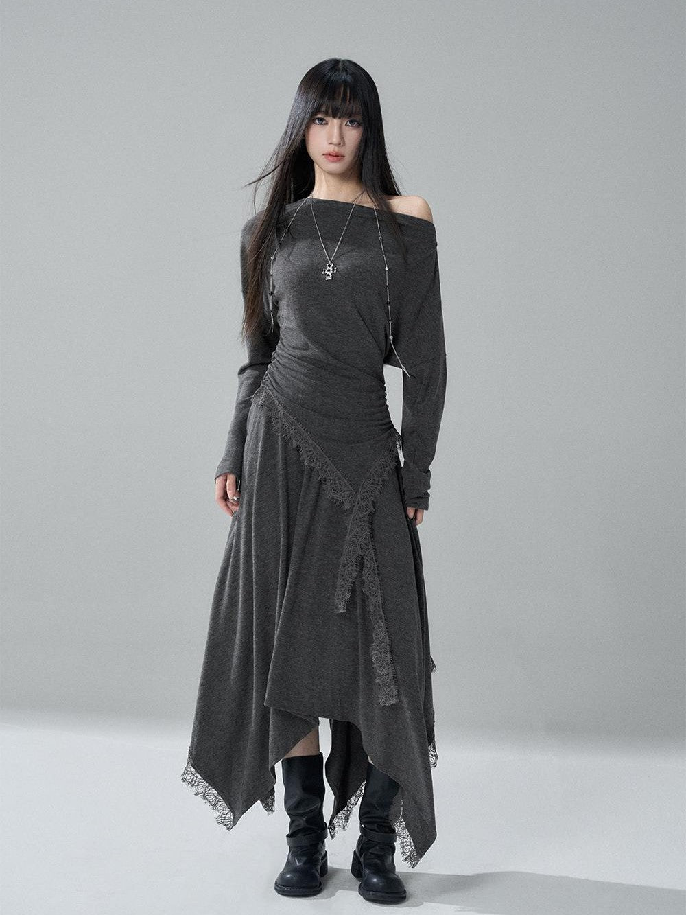 LADYGHOST Lace Trim Batwing Sleeve Color Block Women&