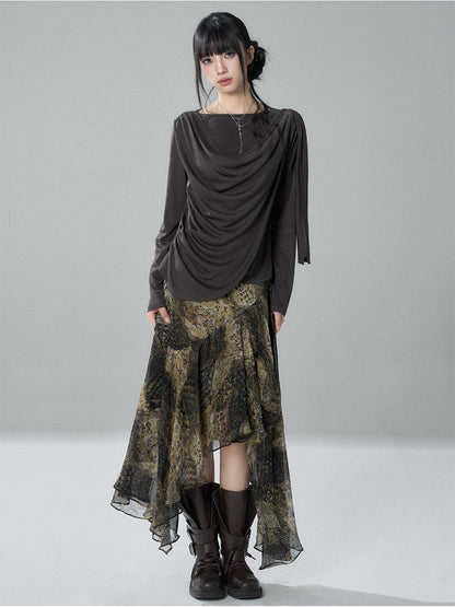 LADYGHOST Leopard Print Asymmetric Ruffle Chiffon Women&