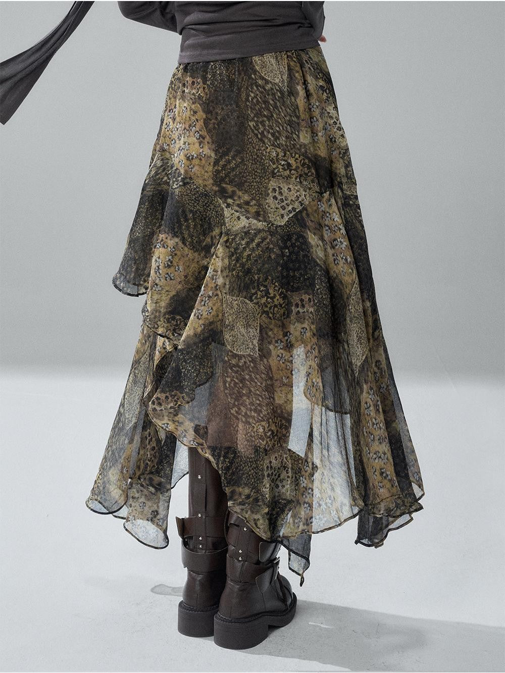 LADYGHOST Leopard Print Asymmetric Ruffle Chiffon Women&