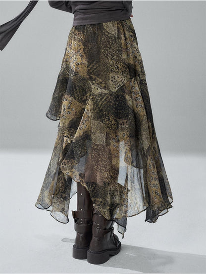LADYGHOST Leopard Print Asymmetric Ruffle Chiffon Women&