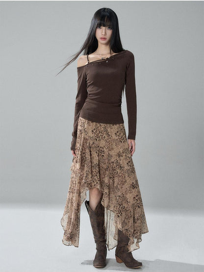 LADYGHOST Leopard Print Asymmetric Ruffle Chiffon Women&