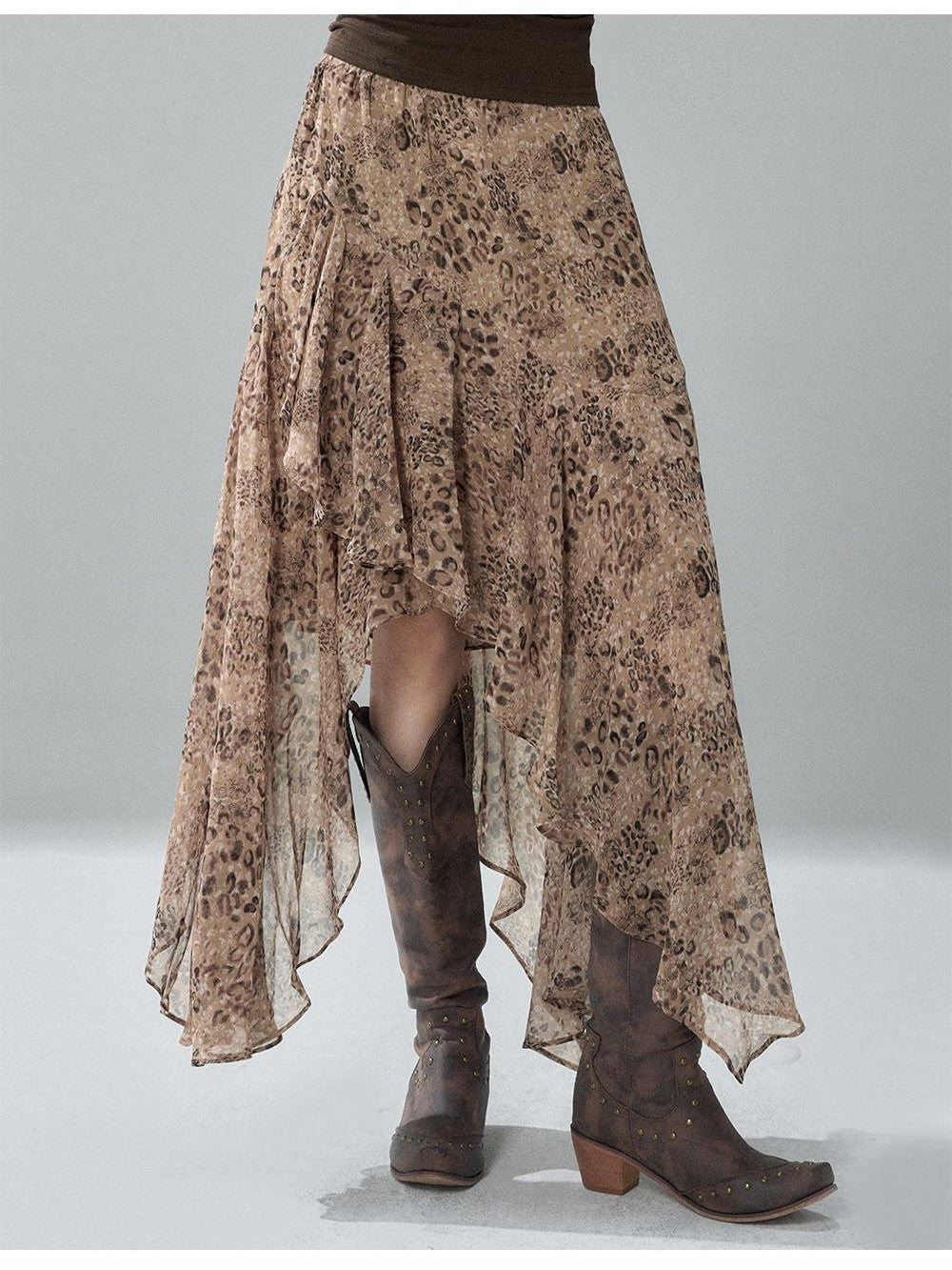 LADYGHOST Leopard Print Asymmetric Ruffle Chiffon Women&