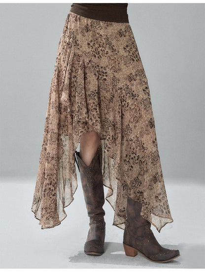 LADYGHOST Leopard Print Asymmetric Ruffle Chiffon Women&
