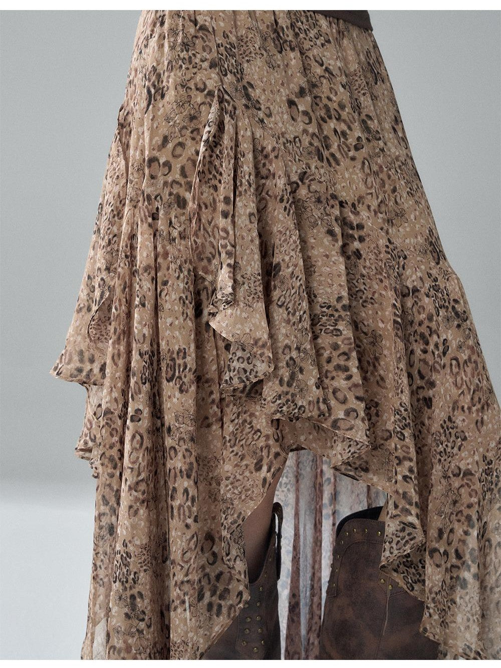LADYGHOST Leopard Print Asymmetric Ruffle Chiffon Women&