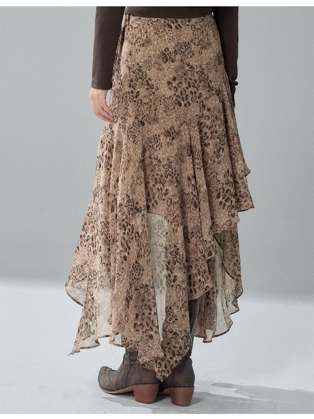 LADYGHOST Leopard Print Asymmetric Ruffle Chiffon Women&