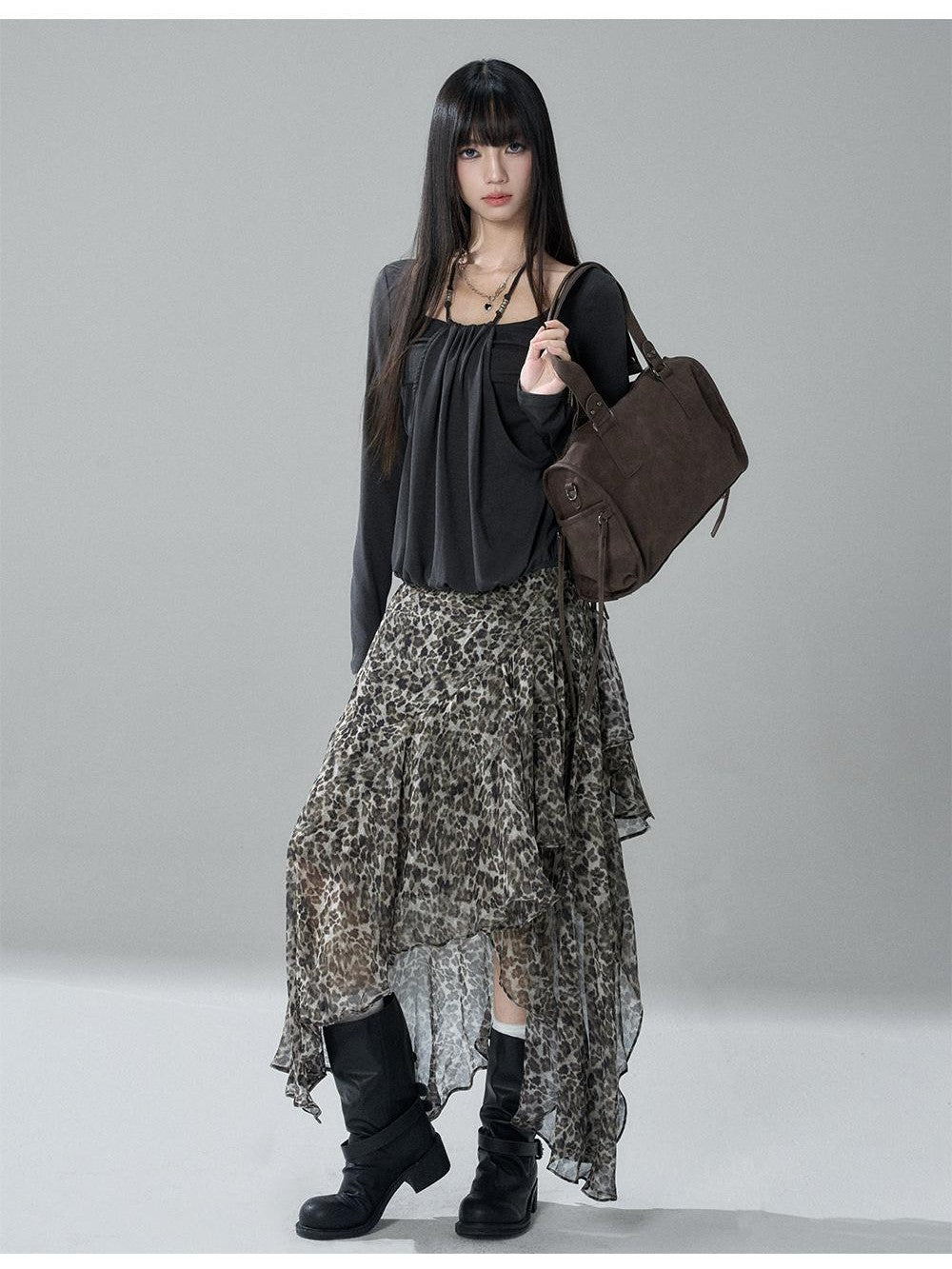 LADYGHOST Leopard Print Asymmetric Ruffle Chiffon Women&