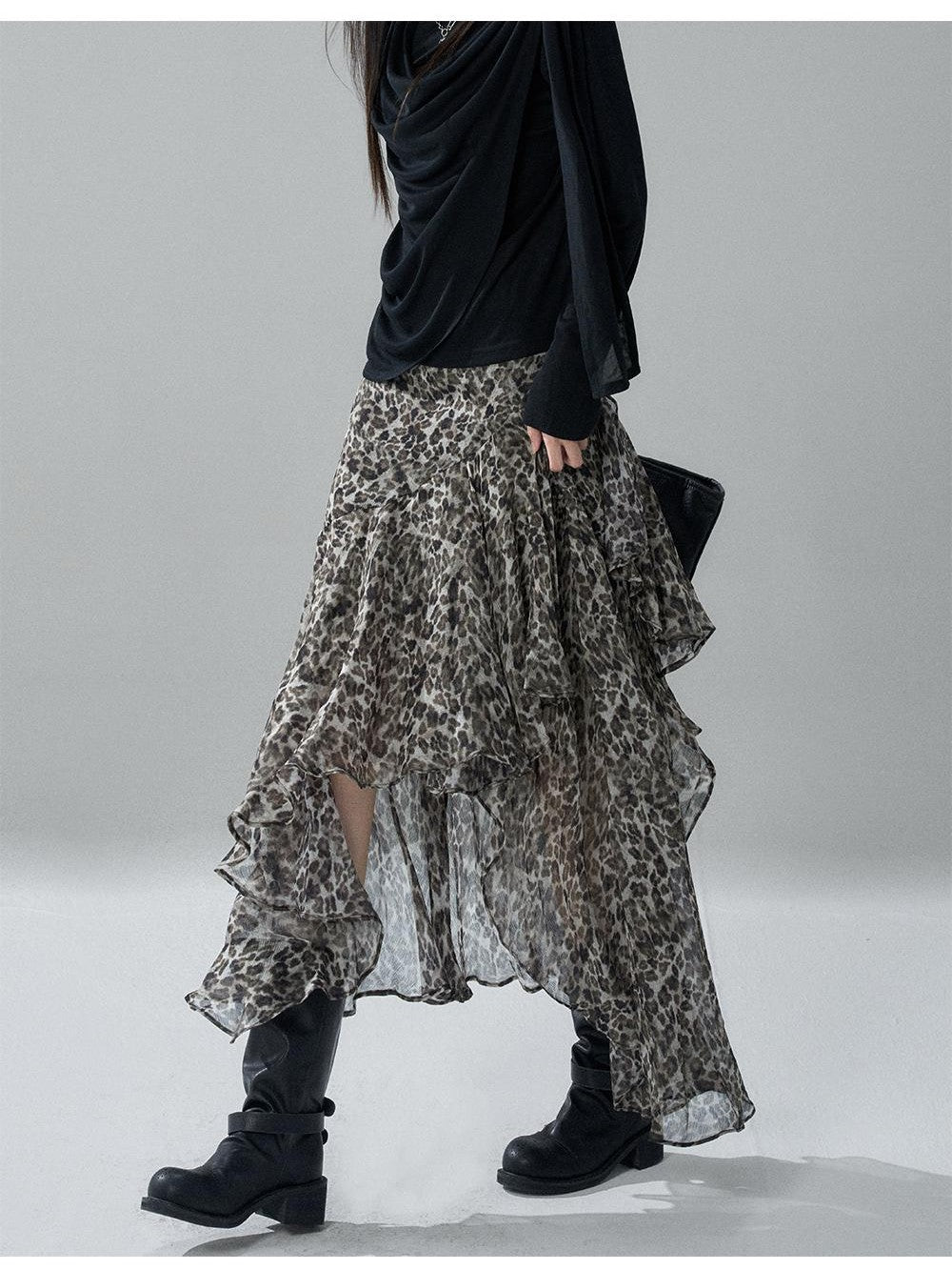 LADYGHOST Leopard Print Asymmetric Ruffle Chiffon Women&