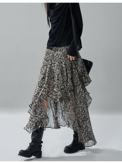 LADYGHOST Leopard Print Asymmetric Ruffle Chiffon Women&