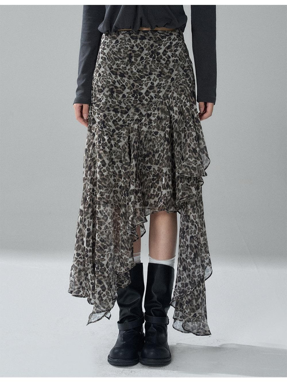 LADYGHOST Leopard Print Asymmetric Ruffle Chiffon Women&