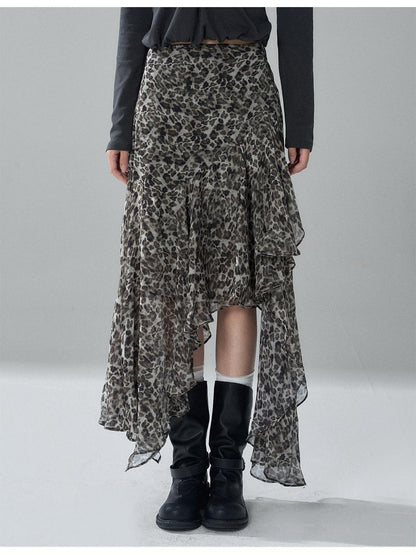 LADYGHOST Leopard Print Asymmetric Ruffle Chiffon Women&