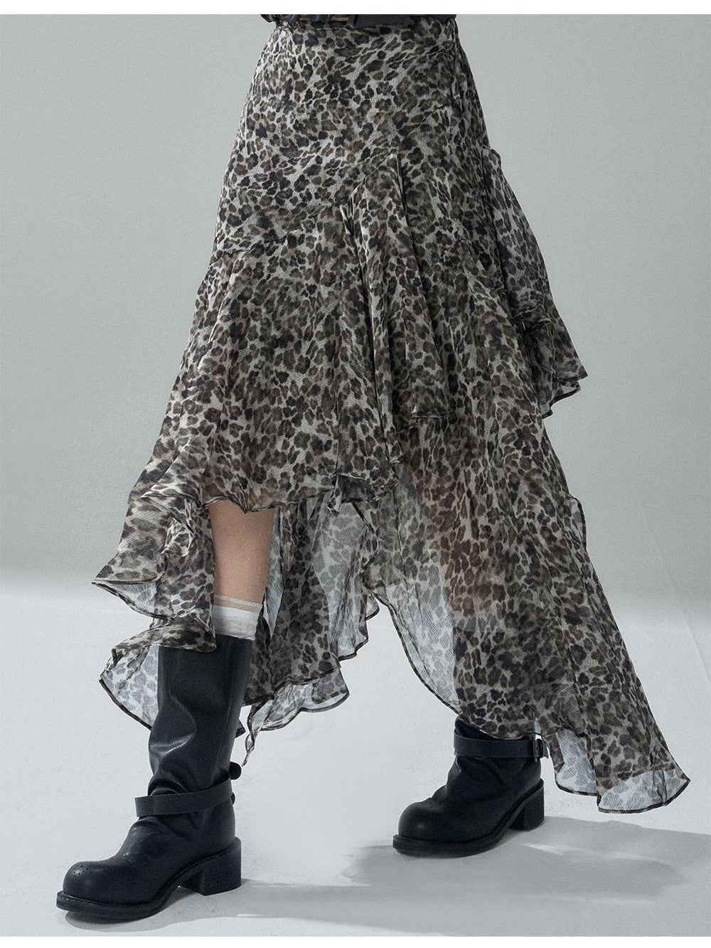 LADYGHOST Leopard Print Asymmetric Ruffle Chiffon Women&