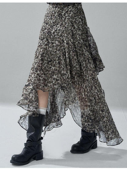 LADYGHOST Leopard Print Asymmetric Ruffle Chiffon Women&