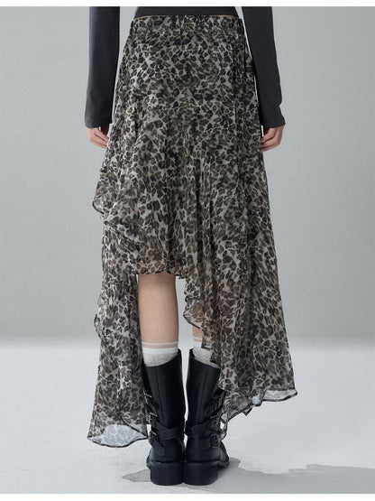 LADYGHOST Leopard Print Asymmetric Ruffle Chiffon Women&