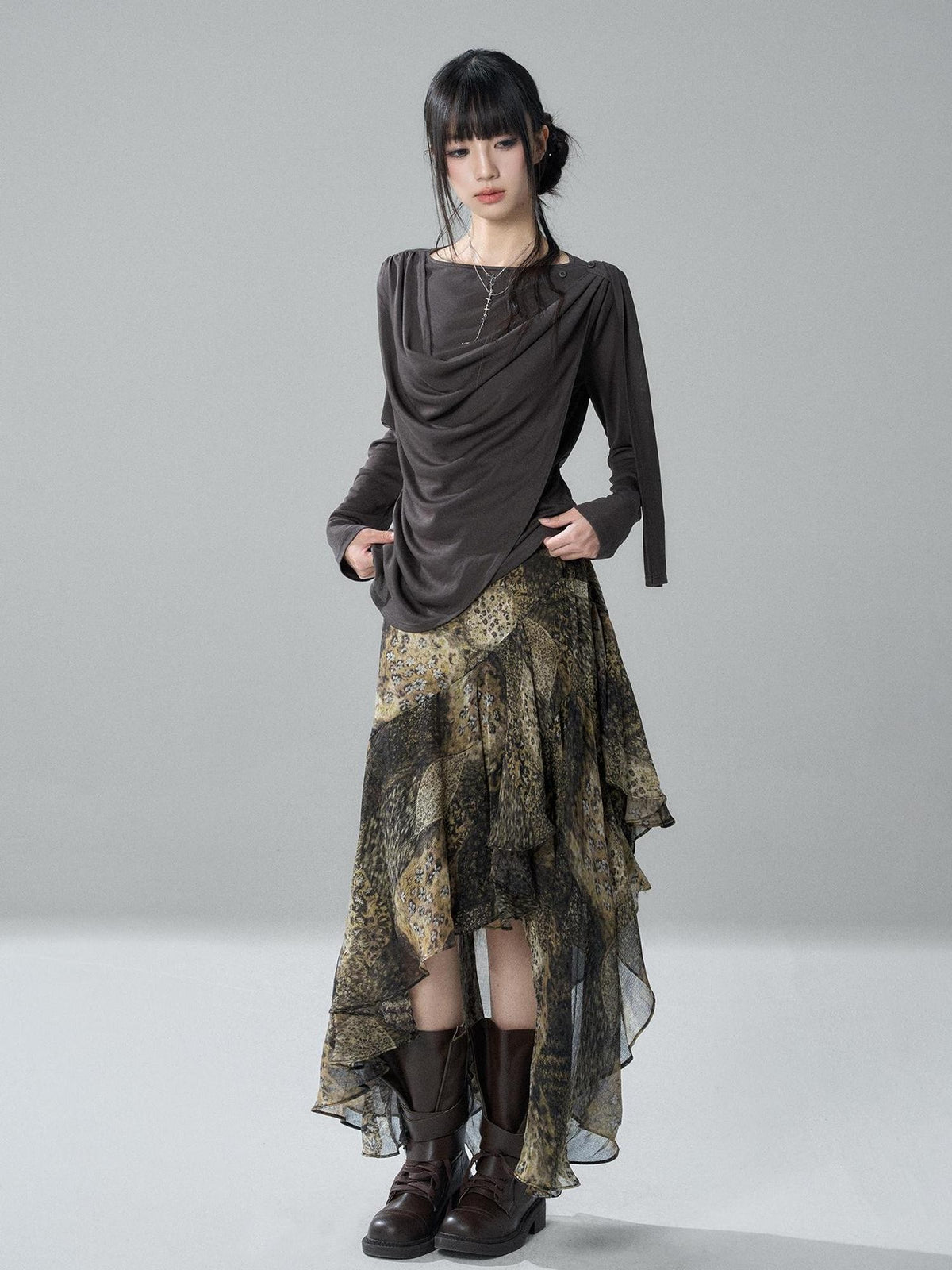 LADYGHOST Leopard Print Asymmetric Ruffle Chiffon Women&
