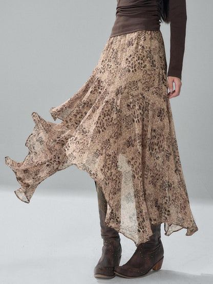 LADYGHOST Leopard Print Asymmetric Ruffle Chiffon Women&