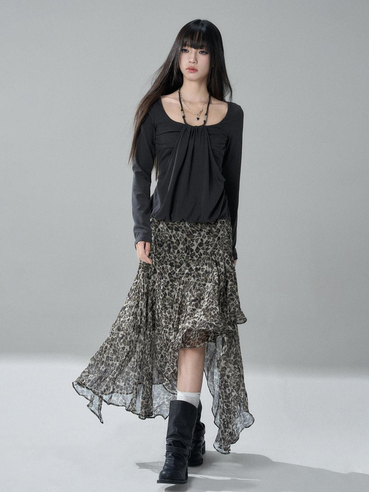 LADYGHOST Leopard Print Asymmetric Ruffle Chiffon Women&