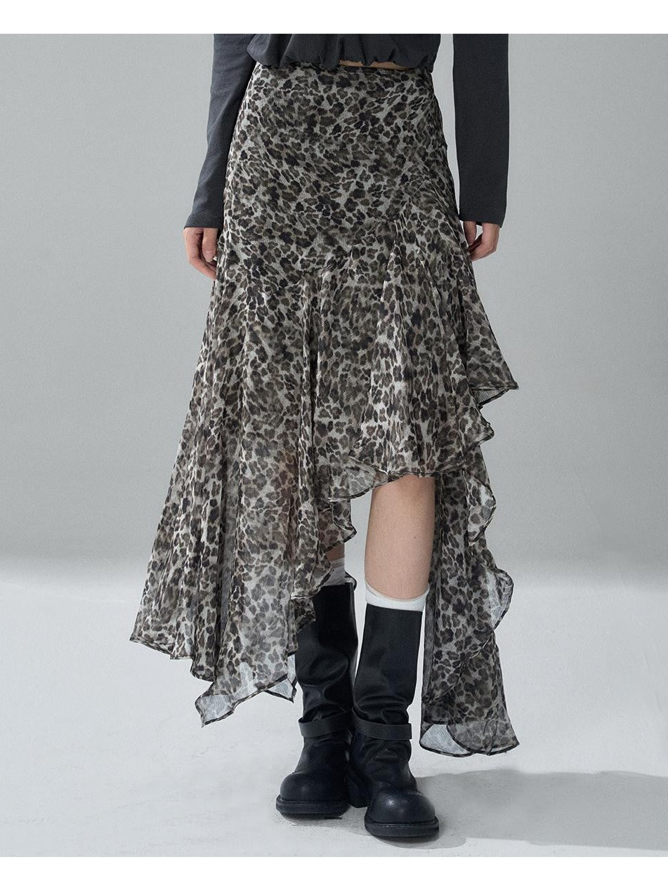 LADYGHOST Leopard Print Asymmetric Ruffle Chiffon Women&