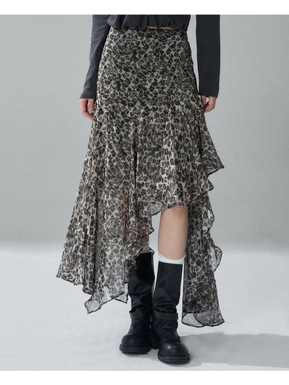 LADYGHOST Leopard Print Asymmetric Ruffle Chiffon Women&