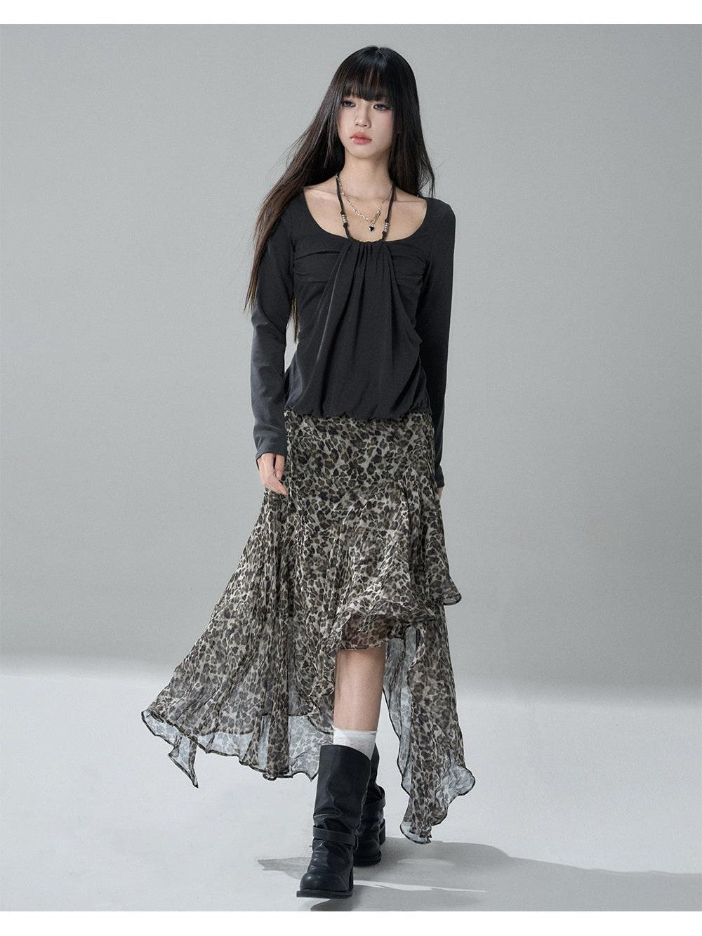LADYGHOST Leopard Print Asymmetric Ruffle Chiffon Women&