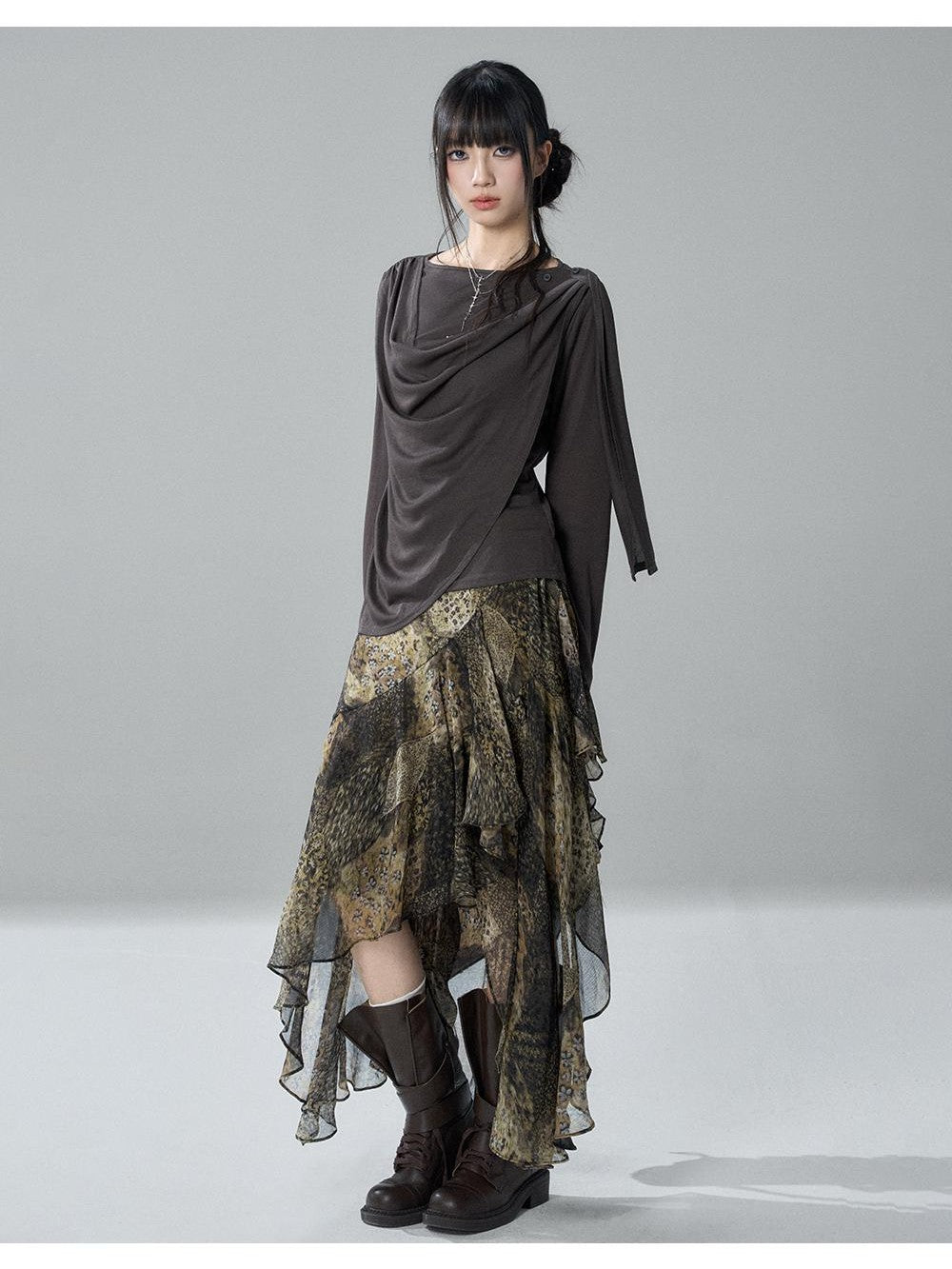 LADYGHOST Leopard Print Asymmetric Ruffle Chiffon Women&