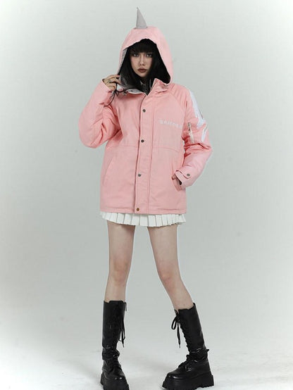 LADYGHOST Pink Hooded Workwear Quilted Parka Women&