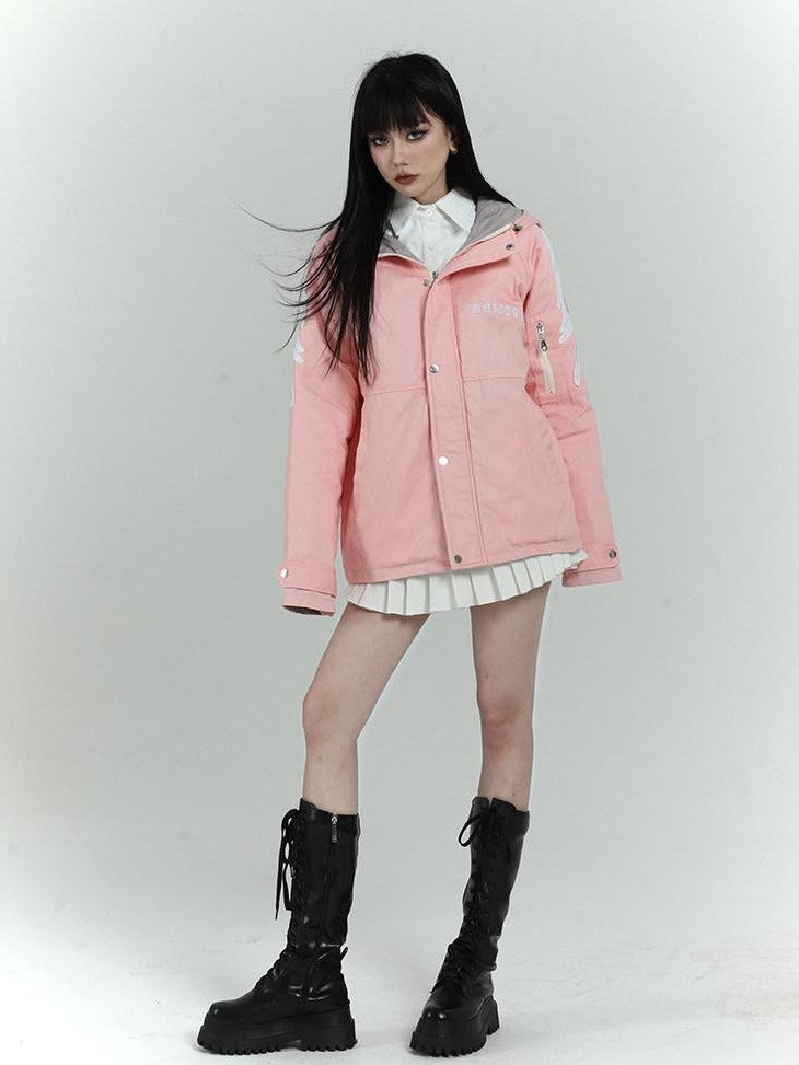 LADYGHOST Pink Hooded Workwear Quilted Parka Women&