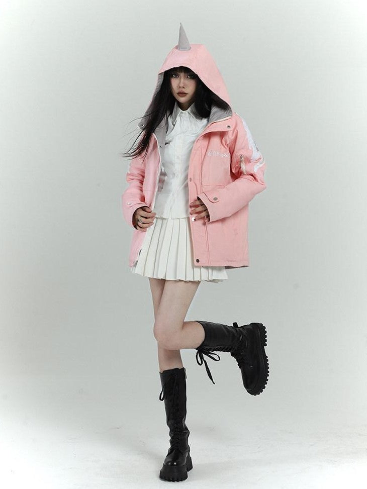 LADYGHOST Pink Hooded Workwear Quilted Parka Women&