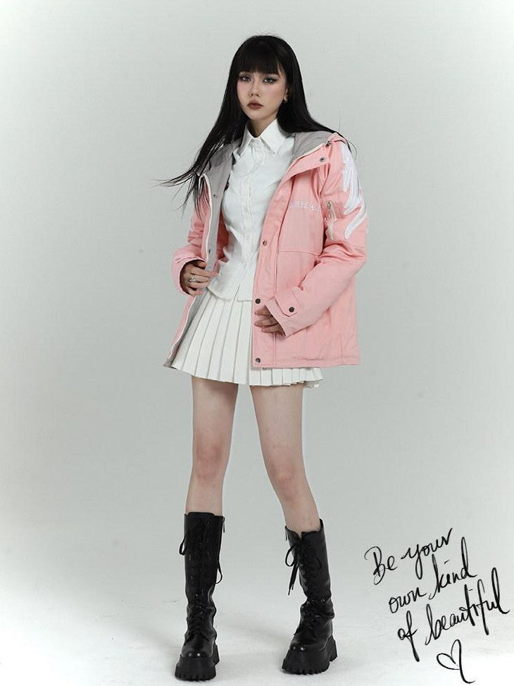 LADYGHOST Pink Hooded Workwear Quilted Parka Women&