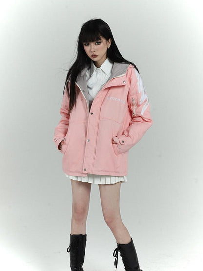 LADYGHOST Pink Hooded Workwear Quilted Parka Women&