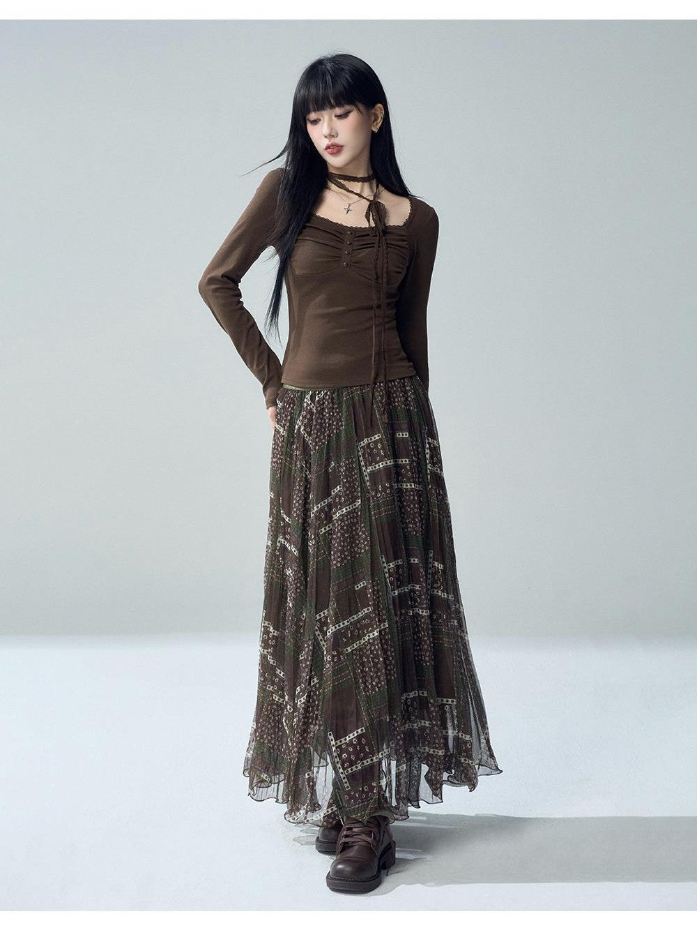 LADYGHOST Printed Pleated High Waist A Line Women&