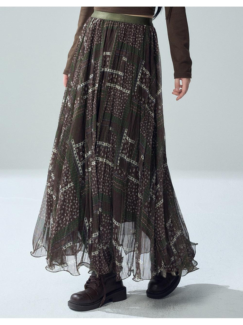 LADYGHOST Printed Pleated High Waist A Line Women&