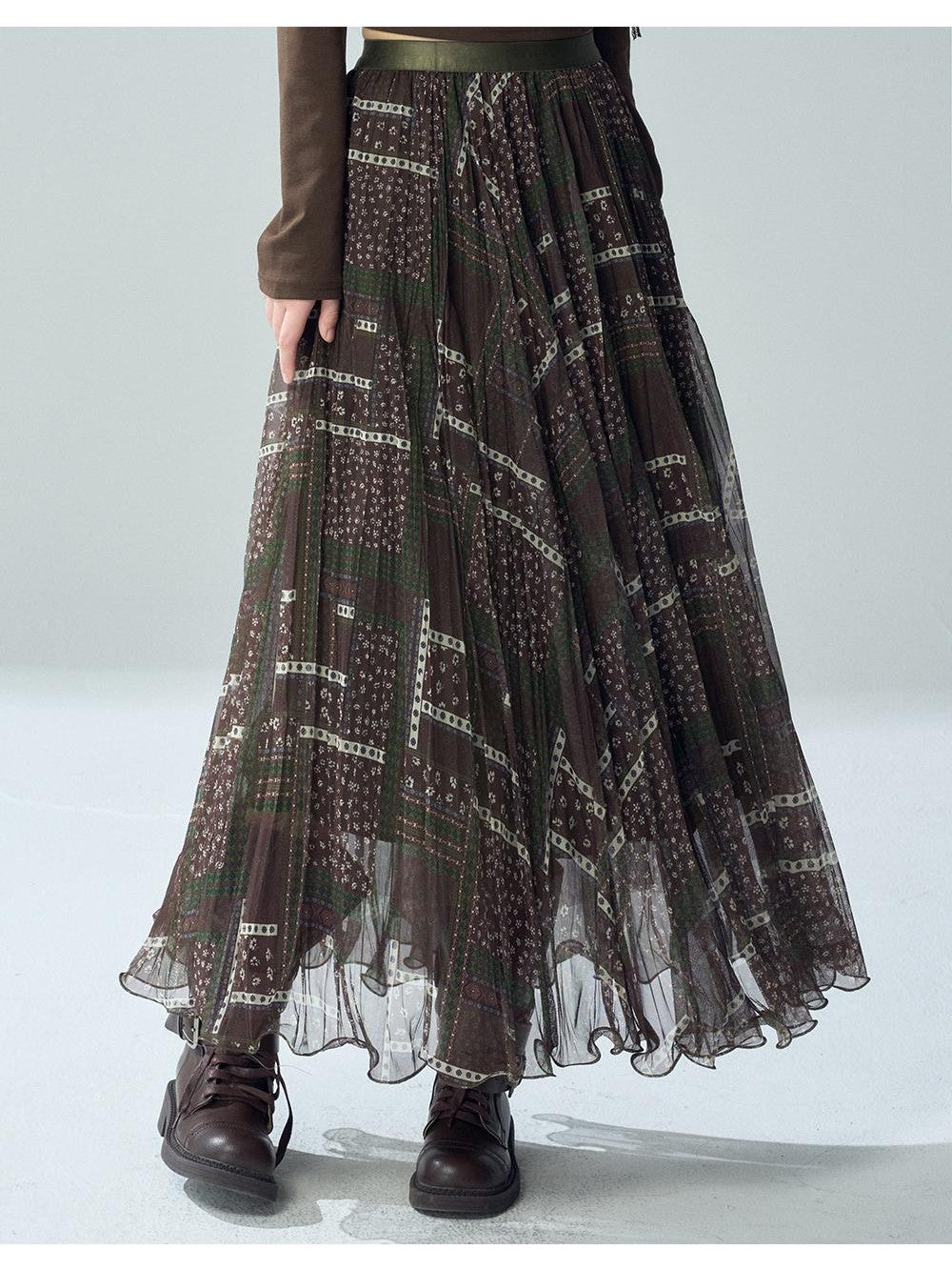 LADYGHOST Printed Pleated High Waist A Line Women&