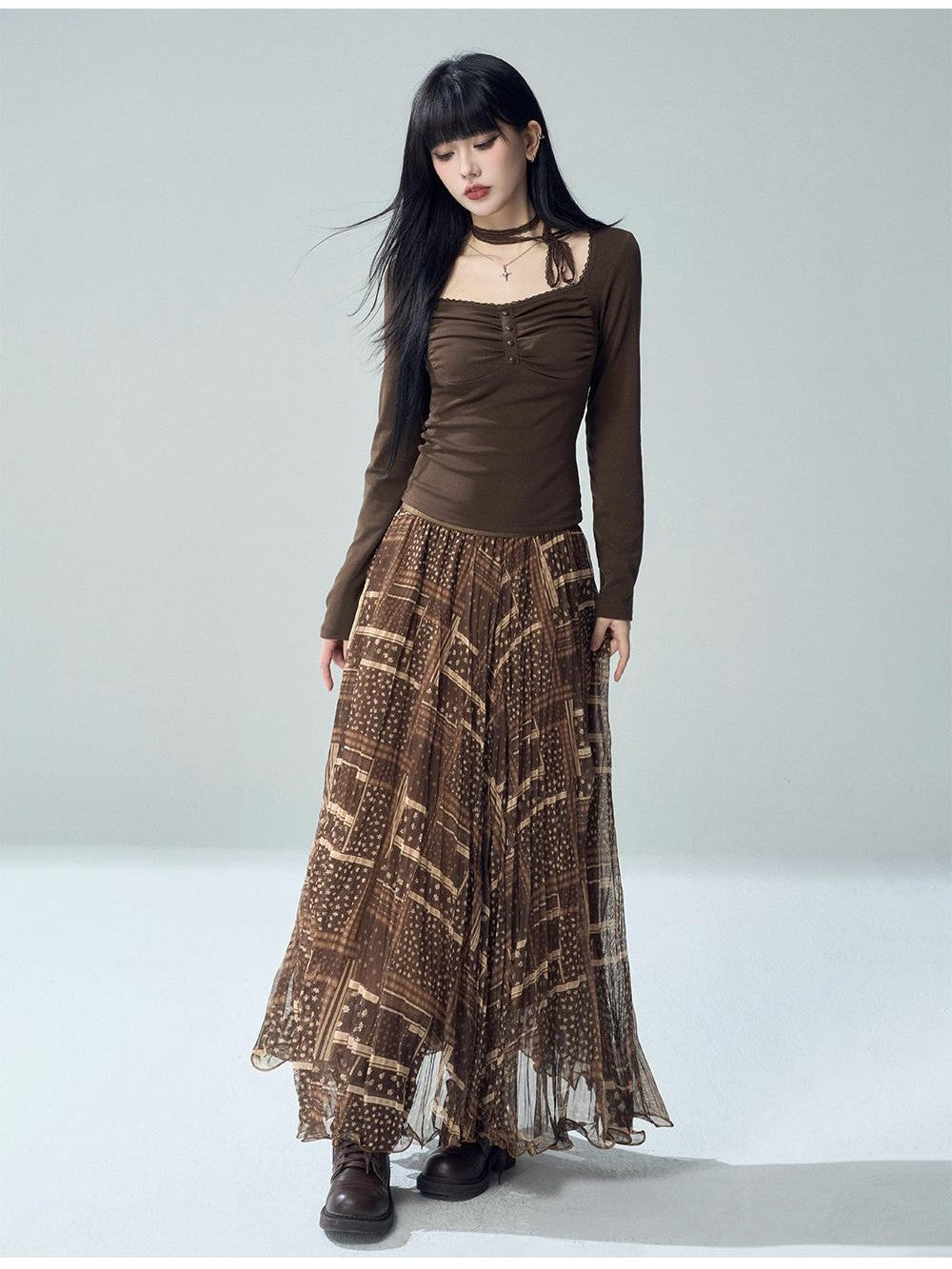 LADYGHOST Printed Pleated High Waist A Line Women&