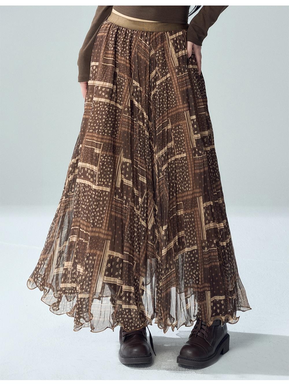 LADYGHOST Printed Pleated High Waist A Line Women&