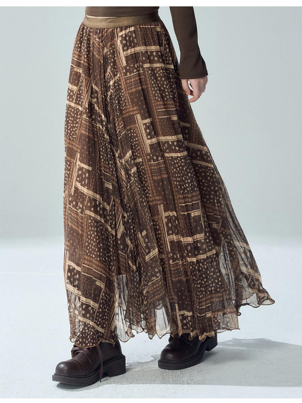 LADYGHOST Printed Pleated High Waist A Line Women&