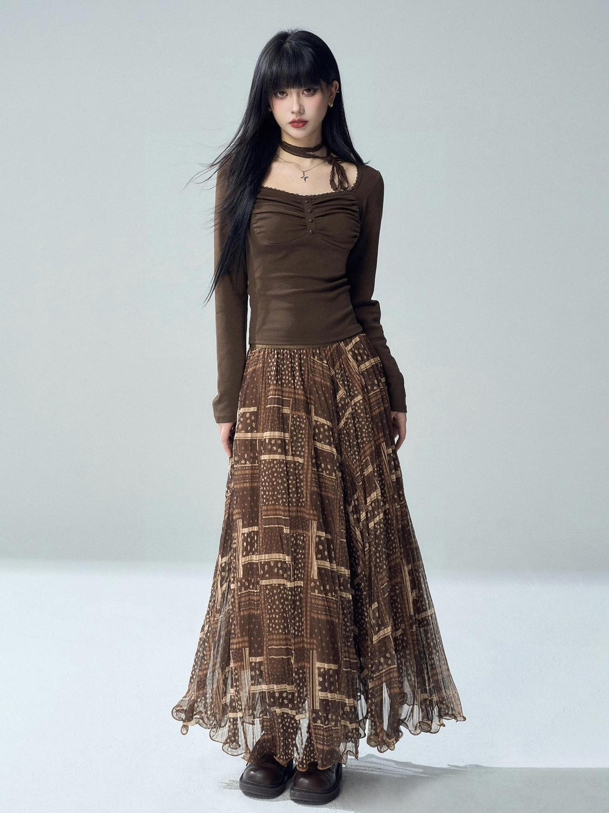 LADYGHOST Printed Pleated High Waist A Line Women&