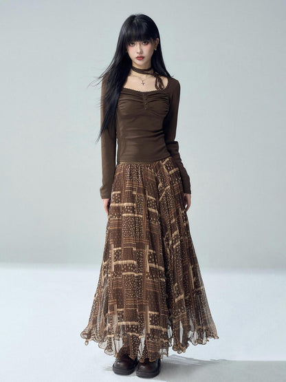 LADYGHOST Printed Pleated High Waist A Line Women&