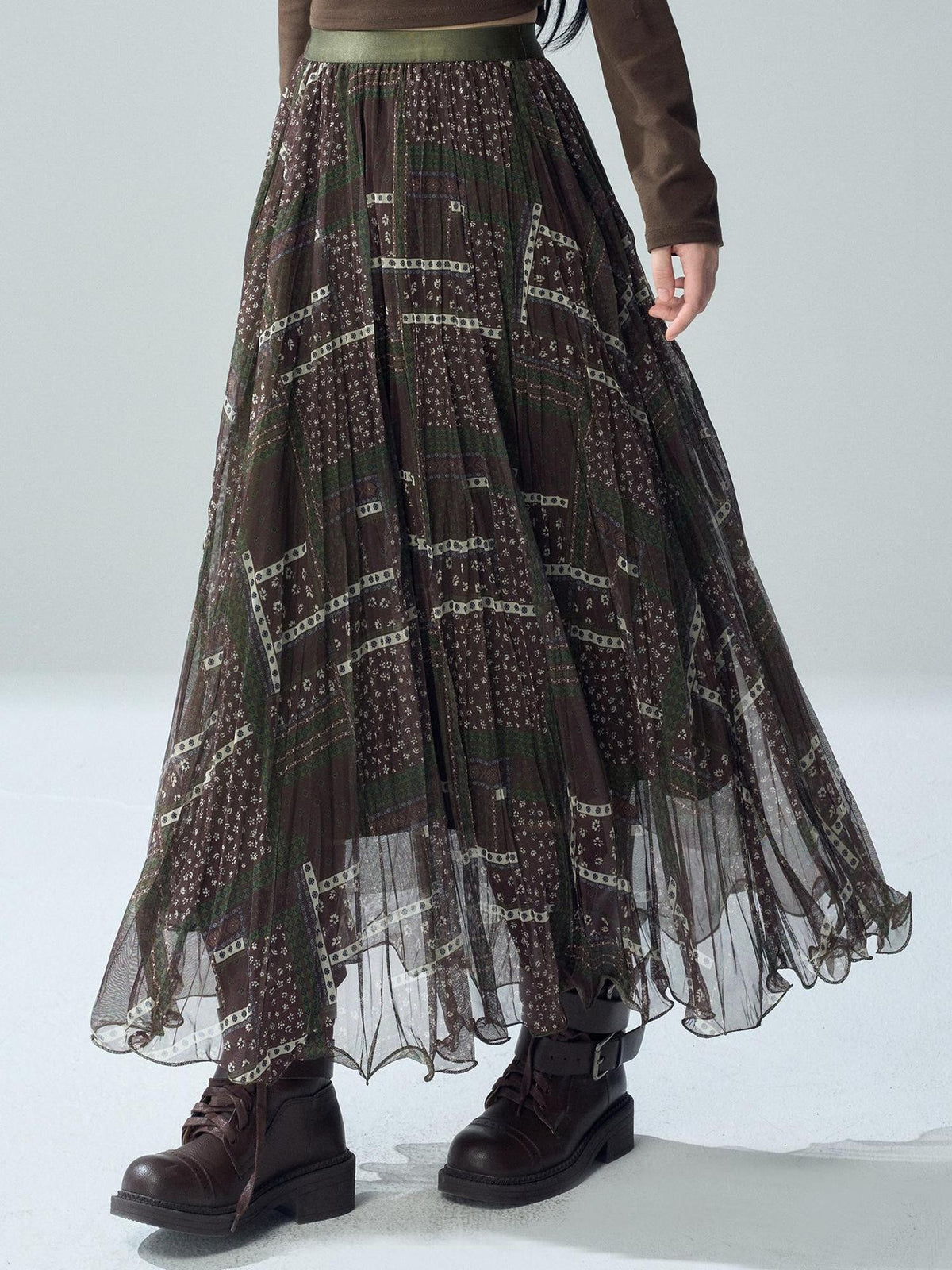 LADYGHOST Printed Pleated High Waist A Line Women&
