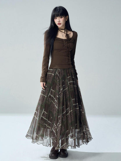 LADYGHOST Printed Pleated High Waist A Line Women&