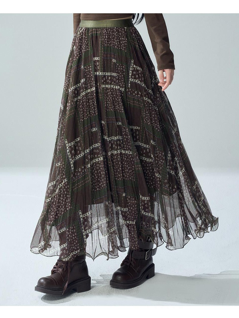 LADYGHOST Printed Pleated High Waist A Line Women&