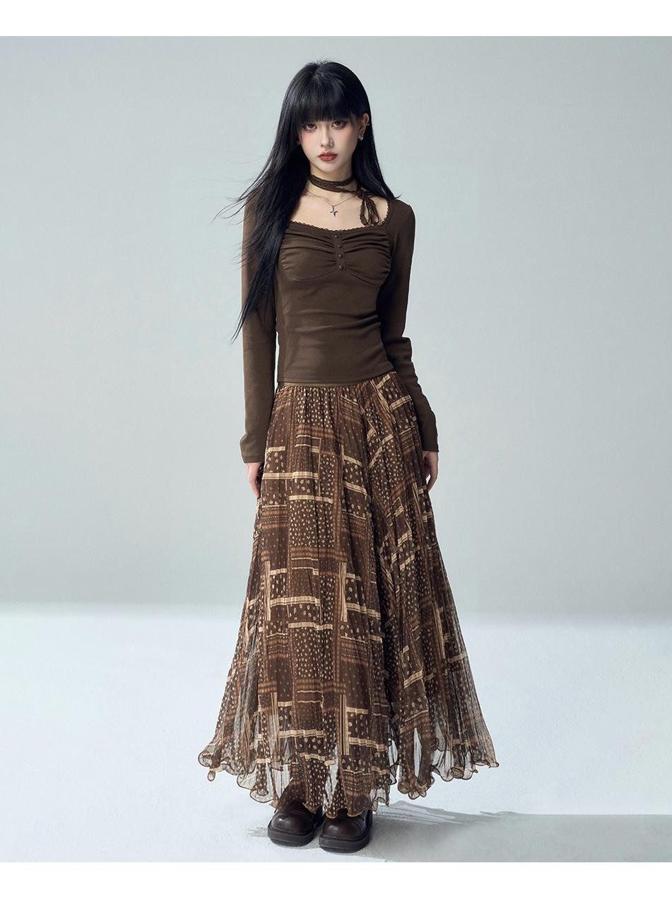 LADYGHOST Printed Pleated High Waist A Line Women&