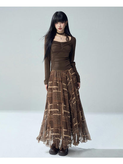 LADYGHOST Printed Pleated High Waist A Line Women&