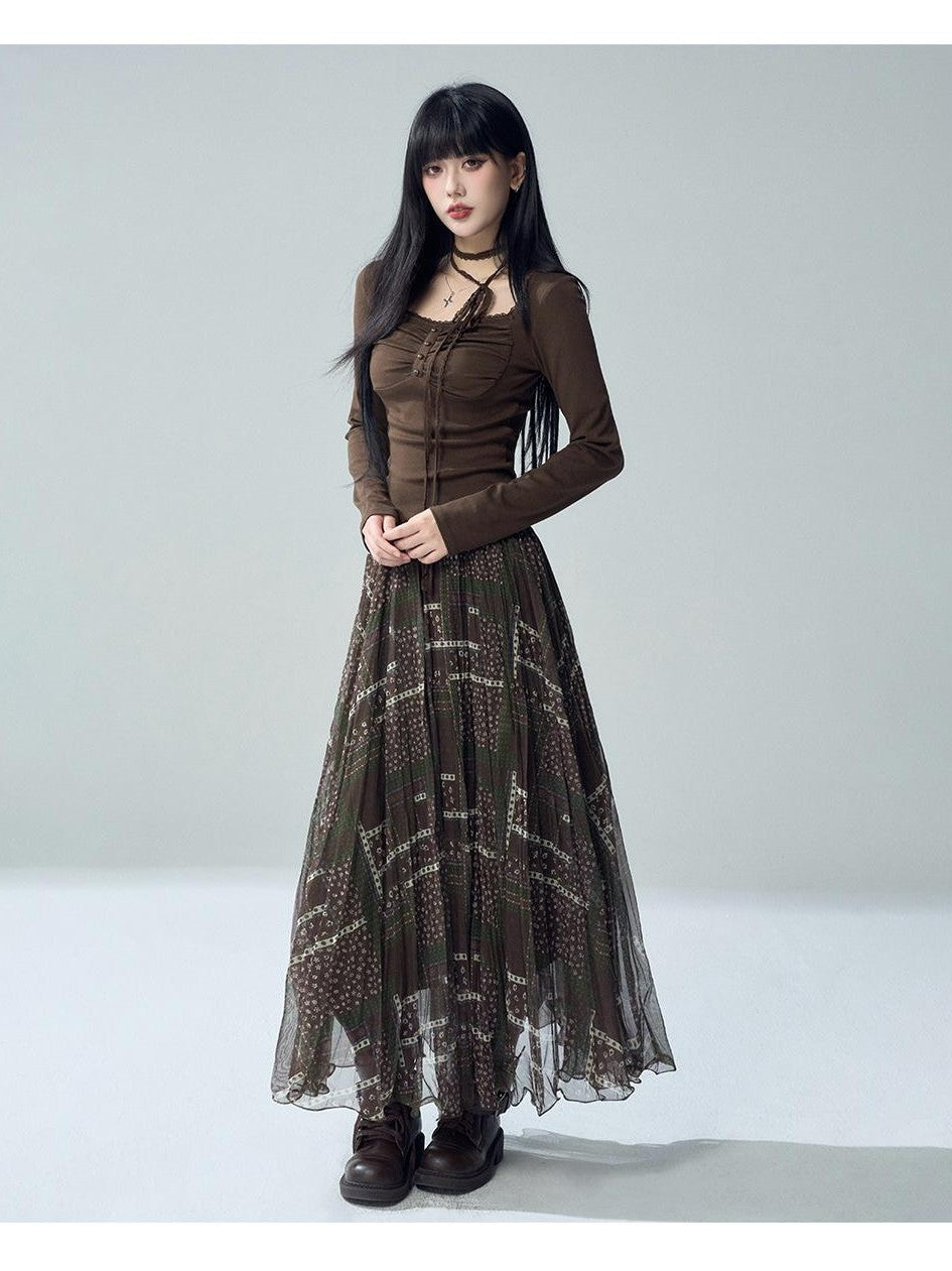 LADYGHOST Printed Pleated High Waist A Line Women&