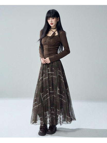 LADYGHOST Printed Pleated High Waist A Line Women&