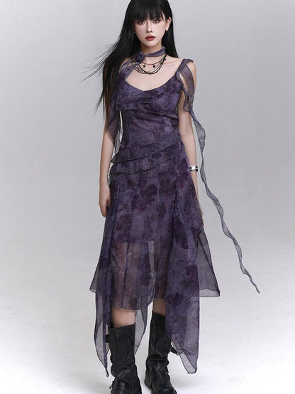 LADYGHOST Purple Asymmetrical Spaghetti Strap Cinched Waist Women&